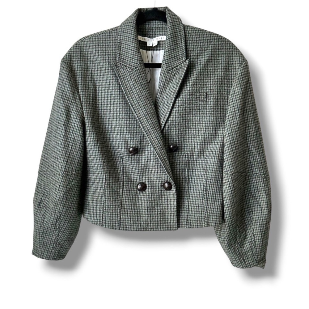 Veronica Beard Sybille Cropped Houndstooth Wool Blazer Gray Green Size 2